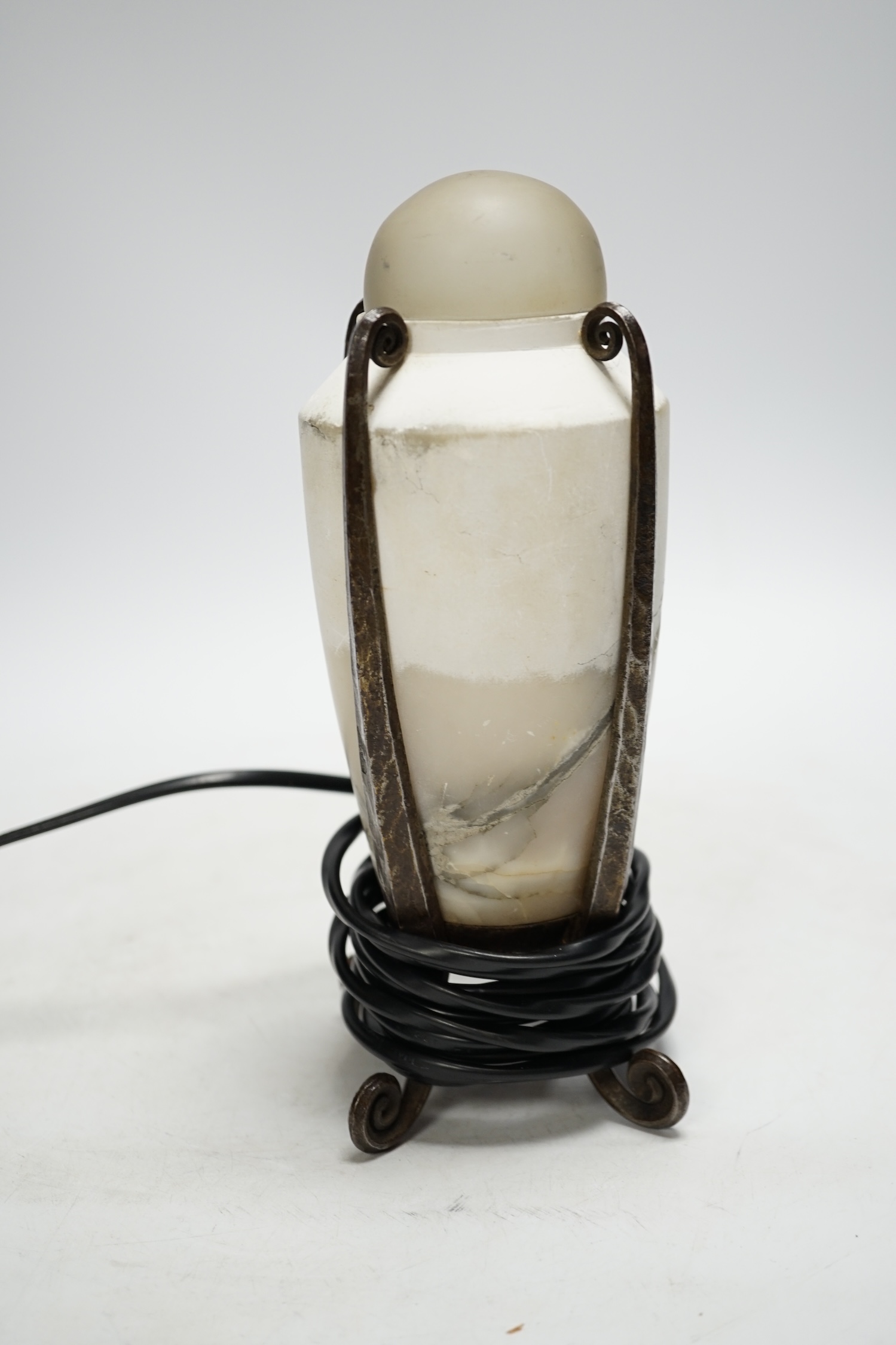 An Art Deco marble urn shaped lamp with decorative stand and crystal dome, 21cm high